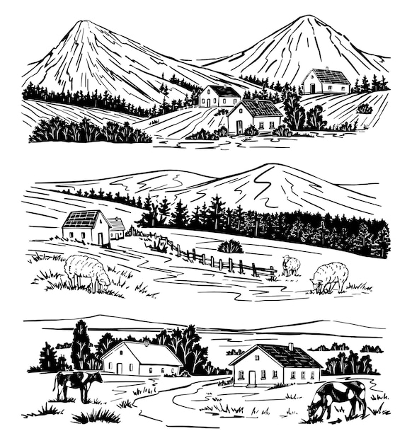 Ensemble De Paysages Ruraux. Maisons, Arbres, Montagne, Bétail. Illustrations Vectorielles Dessinées à La Main. Dessins Noirs Isolés Sur Blanc. Croquis De Style Vintage Pour Le Design.