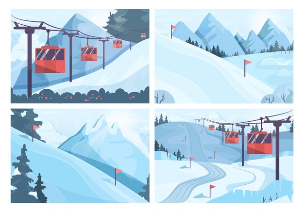 Vecteur ensemble de paysages de station de ski d'hiver. pistes de ski et snowboard avec téléski. collines enneigées et paysages forestiers. belle nature sauvage dans la neige, temps glacial de décembre. illustration vectorielle plane