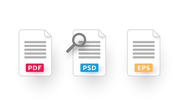 Ensemble de pdf, psd, eps avec loupe, icônes de type de fichier, document texte, feuille de calcul, icône d'entreprise