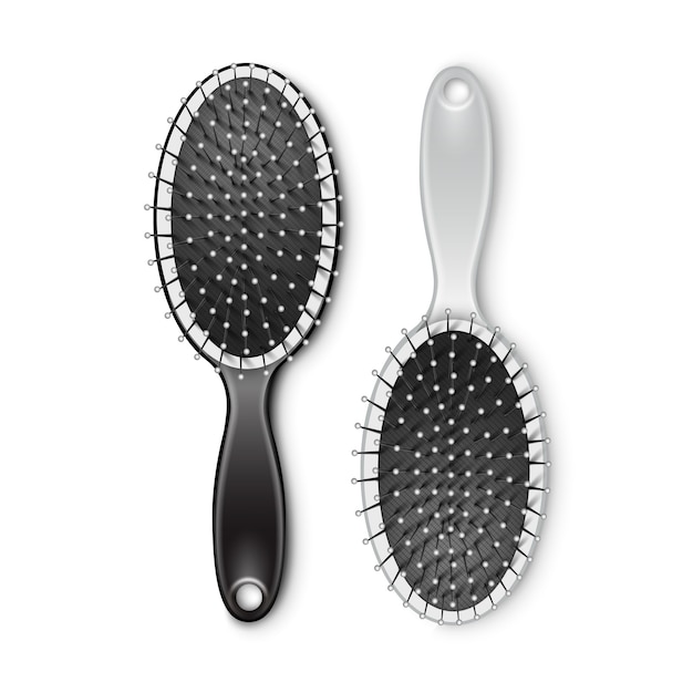 Ensemble De Peigne De Brosse à Cheveux De Toilettage En Plastique Blanc Noir Vue De Dessus Isolé Sur Fond Blanc