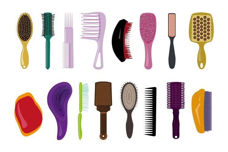 Vecteur ensemble de peignes multicolores sur fond blanc illustration vectorielle pinceaux professionnels pour les accessoires de coiffure stylistes et salons de beauté outils dans le style des dessins animés
