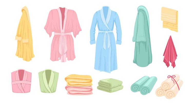 Vecteur ensemble de peignoirs, accessoires de salle de bain, serviettes, collection d'outils de soins corporels quotidiens à suspendre et à plier. essuie-tout textiles colorés pour le séchage après le lavage. illustration vectorielle, éléments