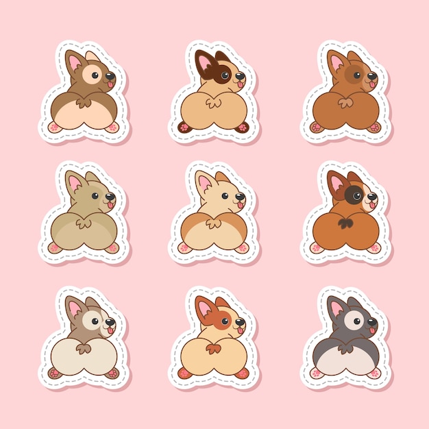 Ensemble De Pembroke Welsh Corgi Autocollants Chiens Mignons Vector Illustration En Fond Rose