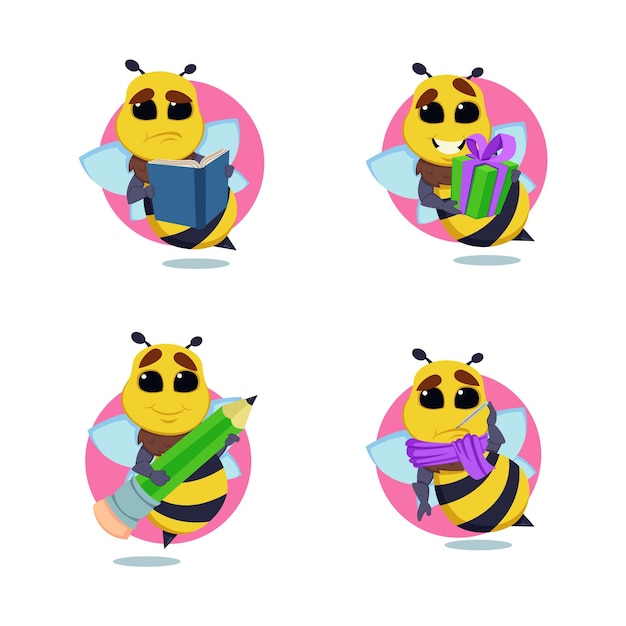 Ensemble de personnage d'abeille de dessin animé prenant la température, tenant un crayon et une boîte-cadeau, lisant un livre