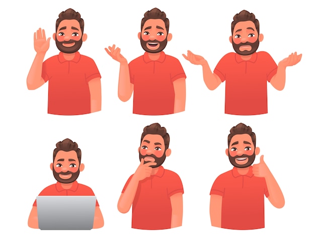 Ensemble De Personnage Barbu Avec Différents Gestes Et émotions. Salutation, Conversation, Doute, Gars Avec Un Ordinateur Portable, Réfléchit, Approbation. Employé De L'entreprise Ou Consultant. Style De Dessin Animé Illustration Vectorielle