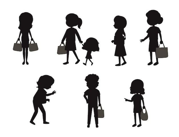 Ensemble De Personnage De Dessin Animé Aller Faire Du Shopping Silhouettes