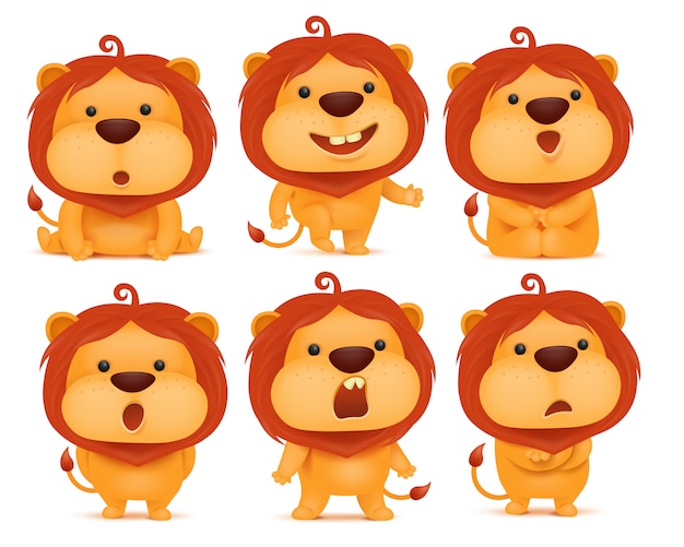 Ensemble De Personnage De Dessin Animé Lion Emoji.