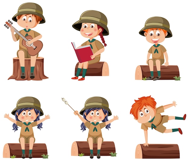 Ensemble de personnage de dessin animé en tenue de camping