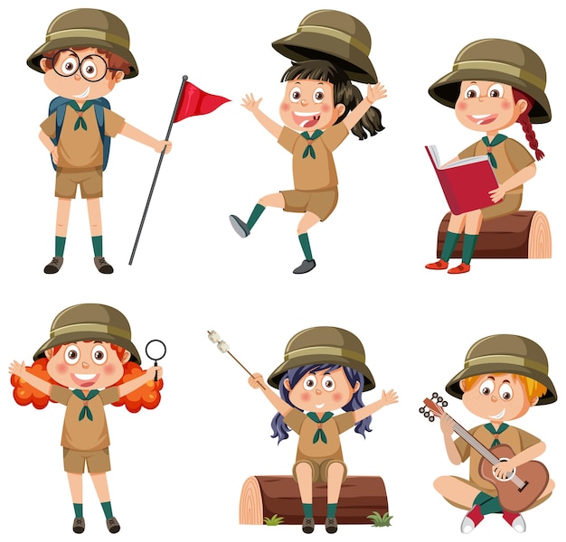 Ensemble de personnage de dessin animé en tenue de camping