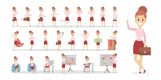 Vecteur ensemble de personnage de femme d'affaires ou d'employé de bureau dans diverses poses, émotions et gestes de visage. illustration vectorielle plane isolée