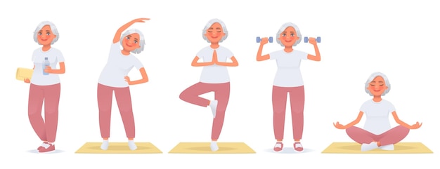 Vecteur ensemble de personnage de femme faisant du yoga fitness menant une vie active femme âgée sports dans la vieillesse