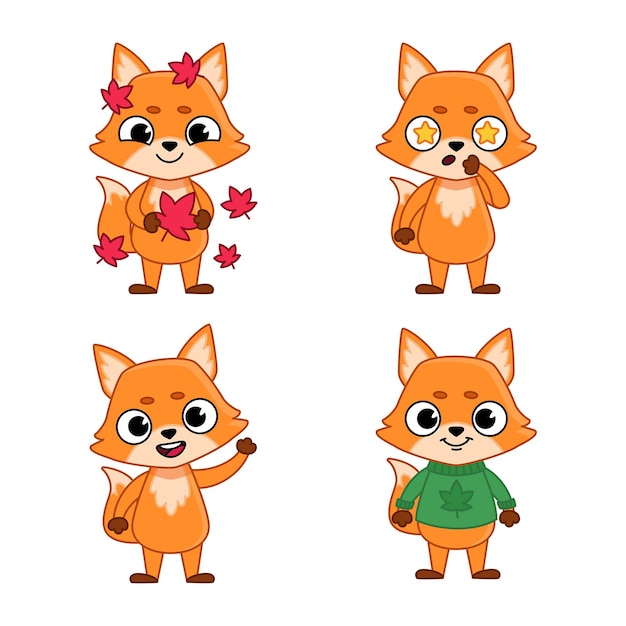 Vecteur ensemble de personnage de renard de dessin animé avec des étoiles dans les yeux et des feuilles d'automne, portant un pull et des salutations