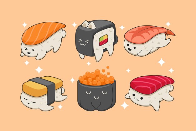 Vecteur ensemble de personnage de sushi mignon de cuisine asiatique