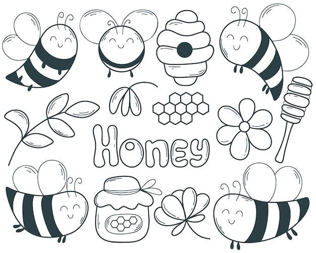 Ensemble de personnages d'abeilles dessinés à la main