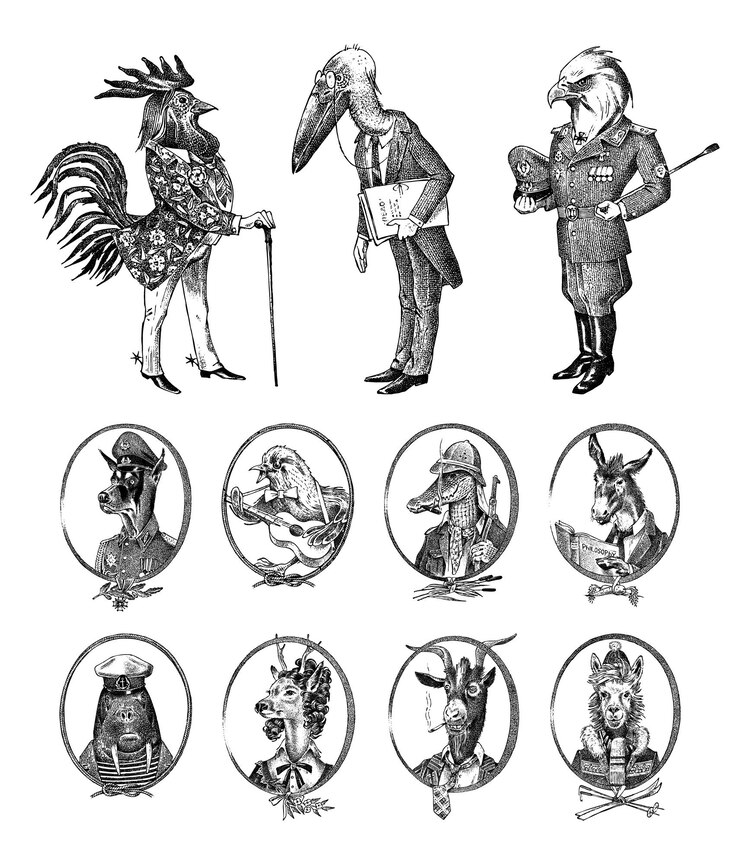Vecteur ensemble de personnages animaux pygargue à tête blanche coq cigogne morse crocodile chèvre chien âne alpaga lama cerf portrait dessiné à la main croquis monochrome gravé pour étiquette de carte ou tatouage hipster anthropomorphisme