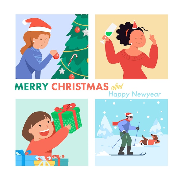 Ensemble De Personnages Et De Bannières De Noël De Vecteur. Personnages Dans Diverses Poses Et Scènes. élément De Découpe Joyeux Noël Cartes De Vacances, Invitations Et Décoration De Célébration De Site Web. Illustration Vectorielle