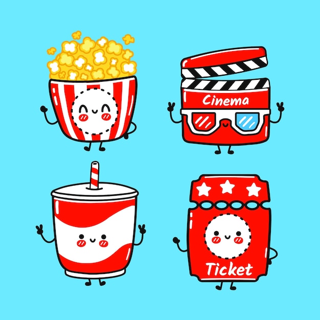 Ensemble De Personnages De Billets De Limonade De Clapet De Film De Pop-corn Heureux Mignon Drôle