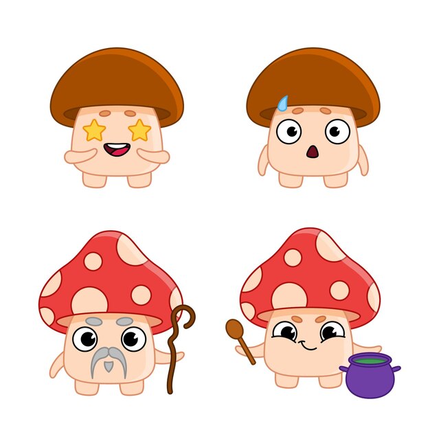 Ensemble De Personnages De Champignons Mignons Dessinés à La Main Avec Des Expressions Excitées Et Choquées, Portant De La Barbe, Faisant De La Potion