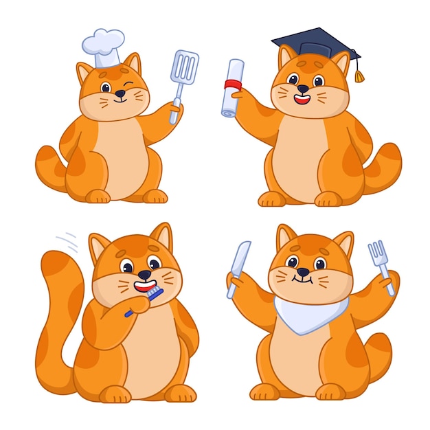 Ensemble de personnages de chat de dessin animé se brosser les dents cuisiner manger et obtenir son diplôme