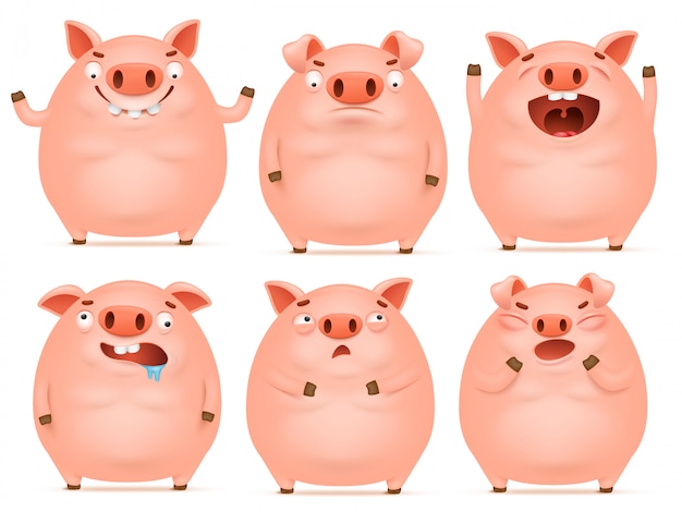 Ensemble de personnages de cochon rose émotionnel dessin animé mignon.