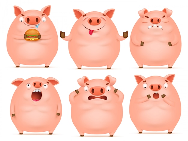 Vecteur ensemble de personnages de cochon rose émotionnel dessin animé mignon.