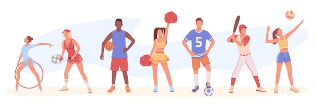 Vecteur ensemble de personnages de dessins animés colorés de jeunes engagés dans différents types de sports