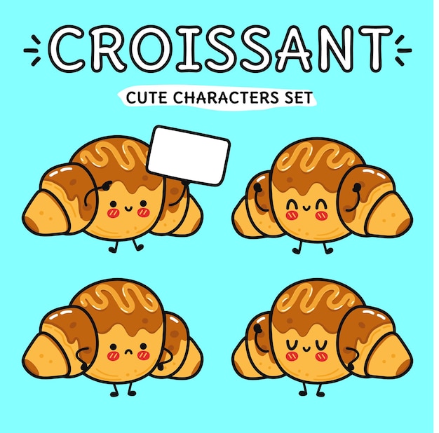 Ensemble De Personnages De Dessins Animés De Croissants Au Chocolat Heureux