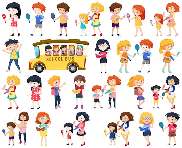 Ensemble de personnages de dessins animés d'écoliers mignons