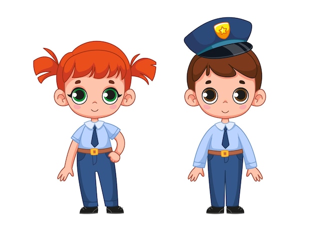 Vecteur ensemble de personnages de dessins animés mignons en uniforme de police petits enfants un garçon et une fille habillés en officier