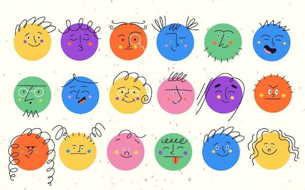 Vecteur ensemble de personnages drôles ronds avec diverses émotions de visage. illustration vectorielle moderne et colorée avec des formes heureuses de visages souriants tristes en colère pour les enfants.