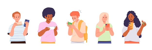 Ensemble de personnages d'écoliers accros à l'internet des téléphones mobiles et aux technologies intelligentes