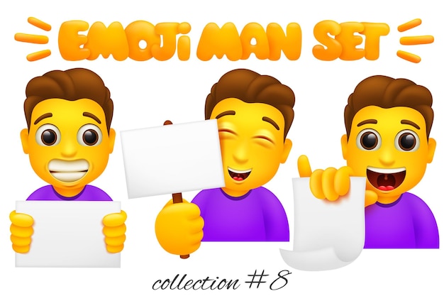 Vecteur ensemble de personnages emoji man avec modèle de pancartes en papier. collection d'émoticônes de style dessin animé.