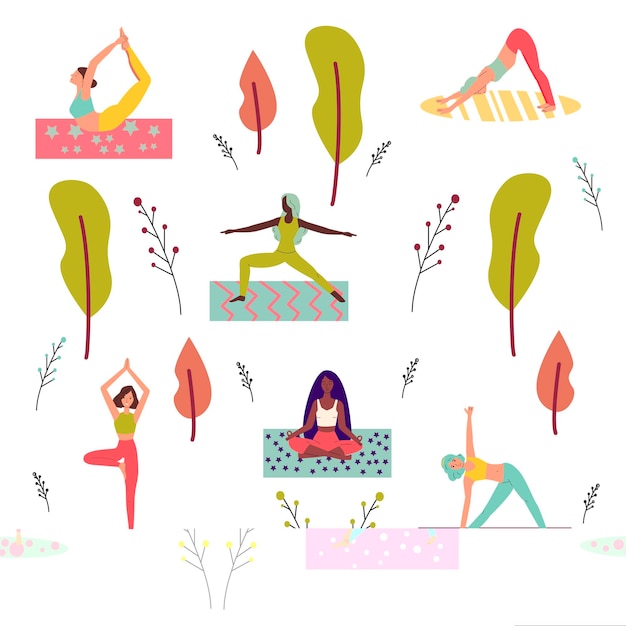 Ensemble De Personnages Féminins Pratiquant Le Yoga Illustration Vectorielle Plane Isolée