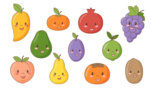 Ensemble de personnages de fruits kawaii de viol entier