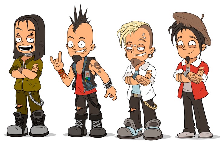 Vecteur ensemble de personnages de gars de punk rock metal dessin animé