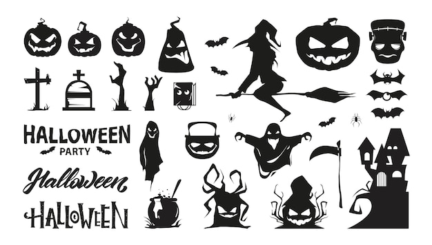 Ensemble De Personnages D'halloween. Collection De Silhouette. Premium.