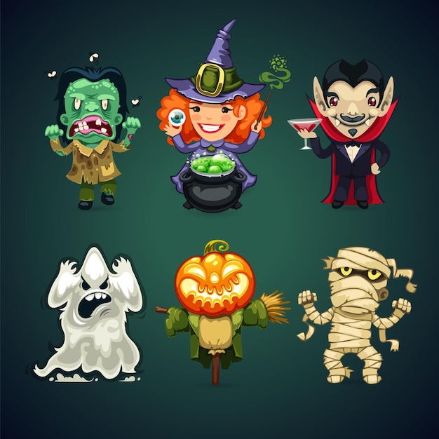 Vecteur ensemble de personnages d'halloween de dessin animé vectoriel