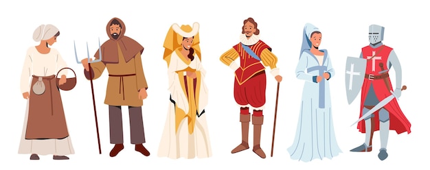 Ensemble de personnages historiques médiévaux. Chevalier avec épée et bouclier, paysan et femme, seigneur et dames en costumes historiques, héros antiques de conte de fées. Illustration vectorielle de dessin animé isolé