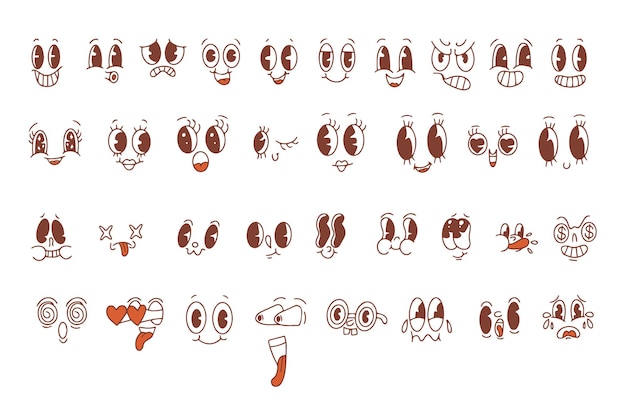 Ensemble de personnages de mascotte de dessins animés rétro visages drôles vintage avec des émotions de joie amusante surprise ou rusée avatars drôles avec de grands yeux et de la bouche