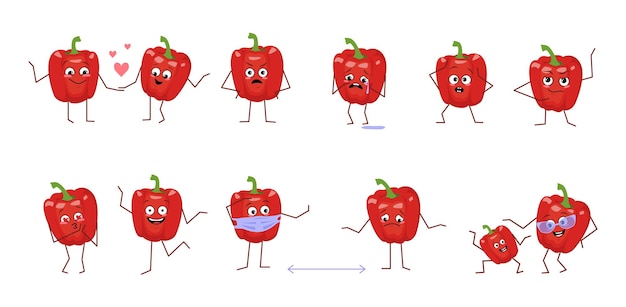 Ensemble De Personnages Mignons De Poivrons Avec Différentes émotions Isolées Sur Fond Blanc. Héros Drôles Ou Tristes, Les Légumes Rouges Ont Du Jeu, Tombent Amoureux, Gardent Leurs Distances. Télévision Illustration Vectorielle