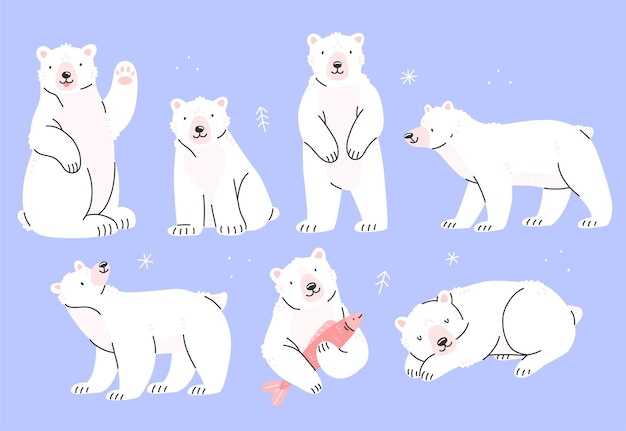 Ensemble De Personnages D'ours Polaires Dans Un Style De Dessin Animé Mignon Illustration Vectorielle Isolée