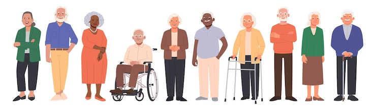 Vecteur ensemble de personnages de personnes âgées heureux seniors hommes et femmes de différentes nations en pleine croissance