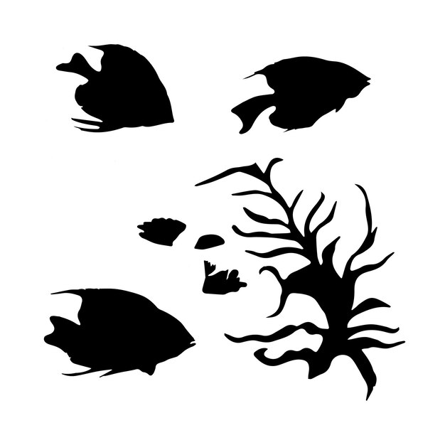 Vecteur ensemble de personnages de poissons et sa silhouette sur fond blanc