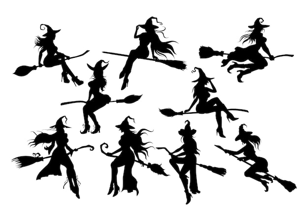 Vecteur ensemble de personnages pour silhouettes d'halloween sorcières volant sur un balai