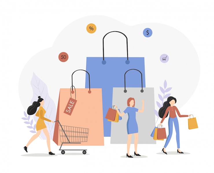 Vecteur ensemble de personnes, carte de magasin, femme et homme achètent des produits, des forfaits, bannière de vente, carte de vendredi noir, personnage plat, boutique en ligne