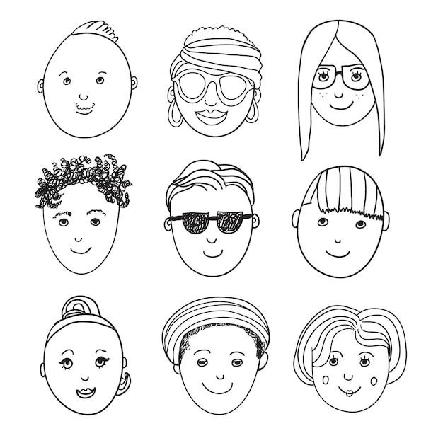 Vecteur ensemble de personnes dessinées à la main vectorielles - visages de femmes et d'hommes