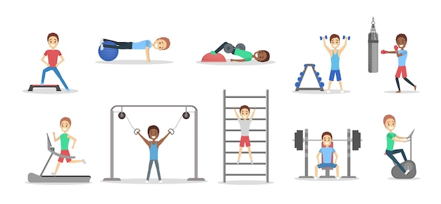 Ensemble De Personnes En Forme Faisant Des Exercices Dans La Salle De Gym. Soulever Des Poids Et Faire De L'exercice Cardio. Sport, Fitness Et Mode De Vie Sain. Illustration De Plat Vectorielle