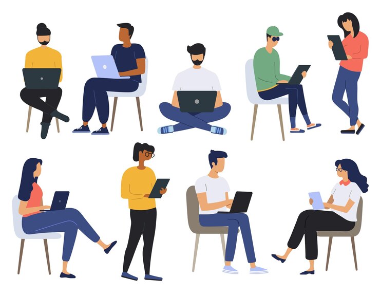 Vecteur ensemble de personnes isolées avec des ordinateurs portables hommes et femmes divers au travail communication d'affaires en ligne