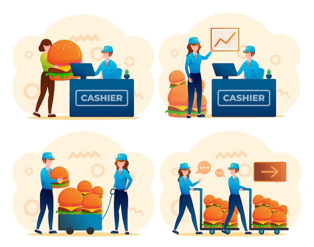 Vecteur ensemble de personnes professionnelles transportant des colis aux clients