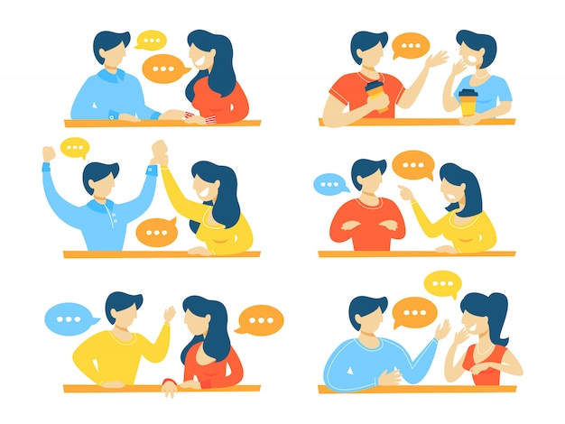 Ensemble De Personnes Qui Parlent. Dialogue Entre L'homme Et La Femme Avec Des Bulles. Communication Et Conversation Commerciale. Illustration